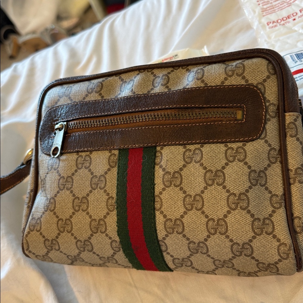Gucci Tan and Brown Shoulder Bag with Green and Red Stripe